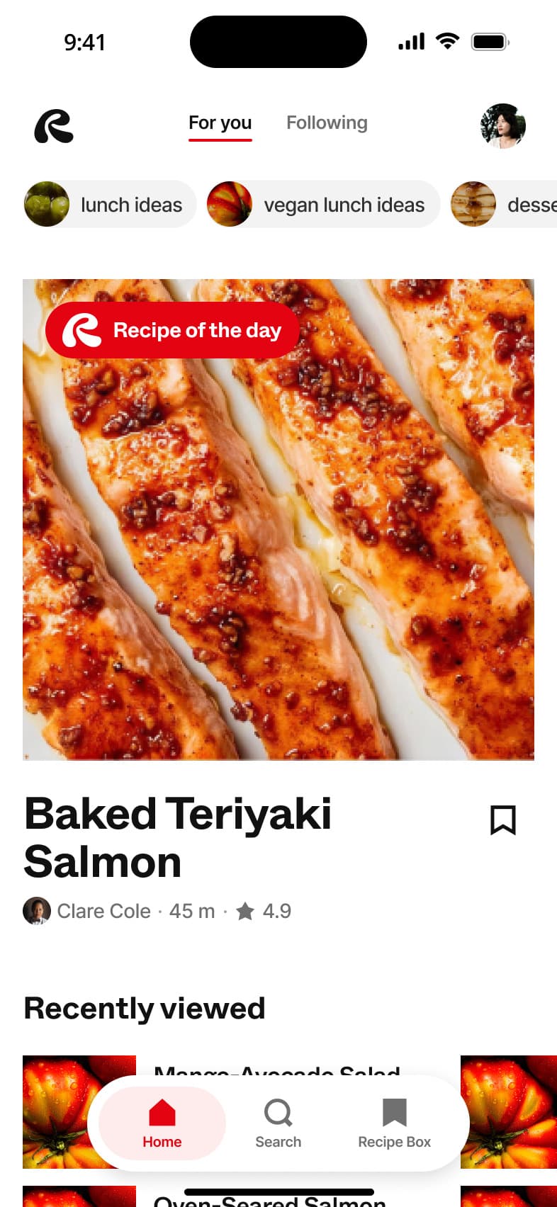 Remy app: scrolling the For you feed, opening a recipe and starting cooking mode